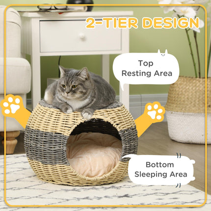Wicker Raised Cat House with Washable Cushion 40x30cm - Beige Grey