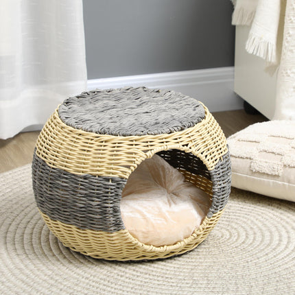 Wicker Raised Cat House with Washable Cushion 40x30cm - Beige Grey