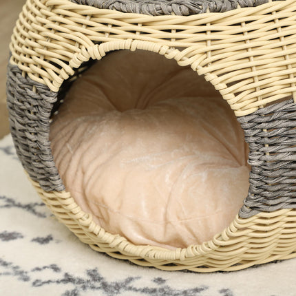 Wicker Raised Cat House with Washable Cushion 40x30cm - Beige Grey