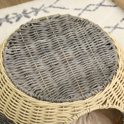 Wicker Raised Cat House with Washable Cushion 40x30cm - Beige Grey