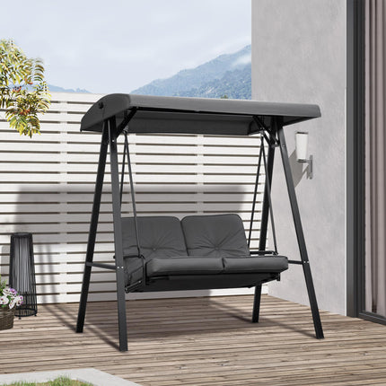 2 Seater Outdoor Garden Swing Chair with Adjustable Canopy and Steel Frame - Grey