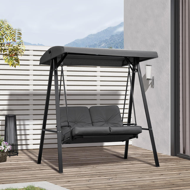 2 Seater Outdoor Garden Swing Chair with Adjustable Canopy and Steel Frame - Grey