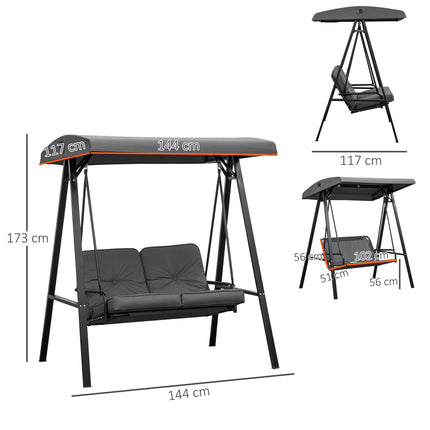 2 Seater Outdoor Garden Swing Chair with Adjustable Canopy and Steel Frame - Grey
