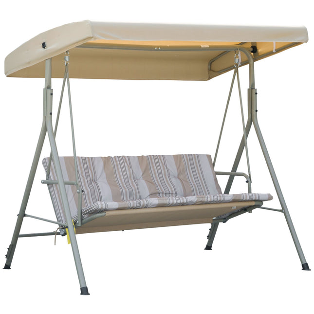 3 Seater Garden Swing Chair with Tilting Canopy, Removable Cushion & Steel Frame - Light Brown