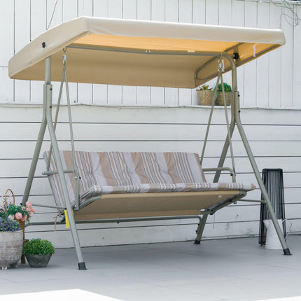 3 Seater Garden Swing Chair with Tilting Canopy, Removable Cushion & Steel Frame - Light Brown