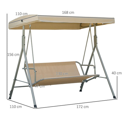 3 Seater Garden Swing Chair with Tilting Canopy, Removable Cushion & Steel Frame - Light Brown