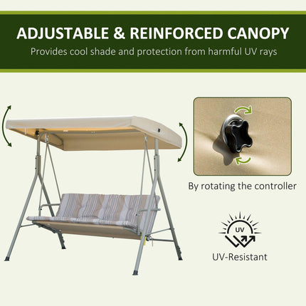 3 Seater Garden Swing Chair with Tilting Canopy, Removable Cushion & Steel Frame - Light Brown