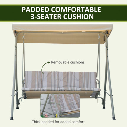 3 Seater Garden Swing Chair with Tilting Canopy, Removable Cushion & Steel Frame - Light Brown