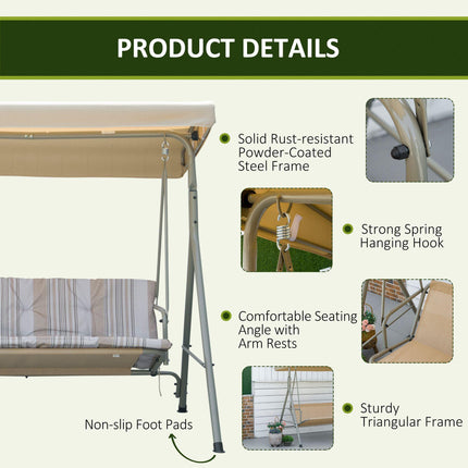 3 Seater Garden Swing Chair with Tilting Canopy, Removable Cushion & Steel Frame - Light Brown