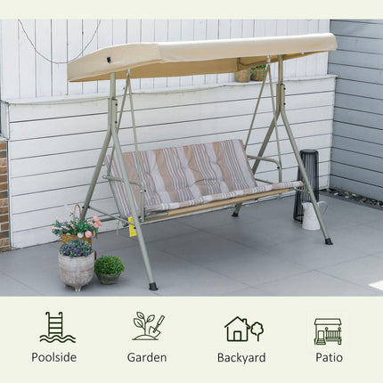 3 Seater Garden Swing Chair with Tilting Canopy, Removable Cushion & Steel Frame - Light Brown