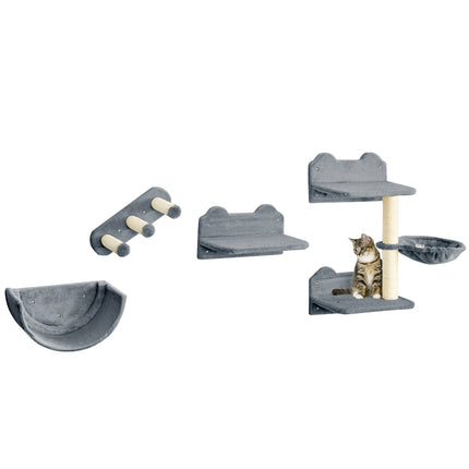 4PC Wall-Mounted Cat Shelves with Scratching Post, Hammock & Nest - Grey and Cream