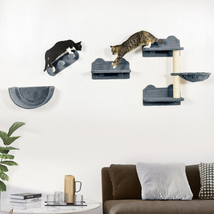 4PC Wall-Mounted Cat Shelves with Scratching Post, Hammock & Nest - Grey and Cream