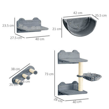 4PC Wall-Mounted Cat Shelves with Scratching Post, Hammock & Nest - Grey and Cream