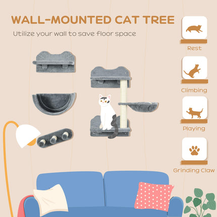 4PC Wall-Mounted Cat Shelves with Scratching Post, Hammock & Nest - Grey and Cream