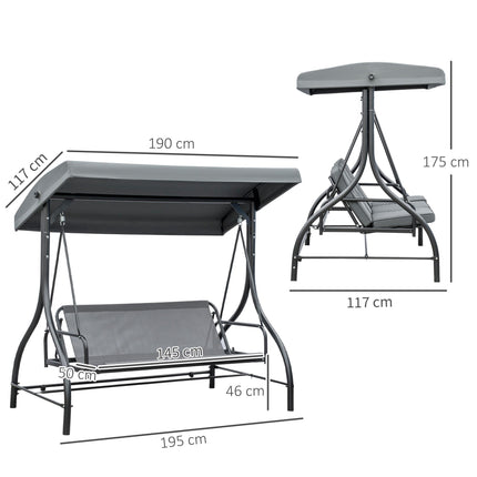 3 Seater 2-in-1 Garden Canopy Swing Chair with Adjustable Canopy and Metal Frame - Dark Grey