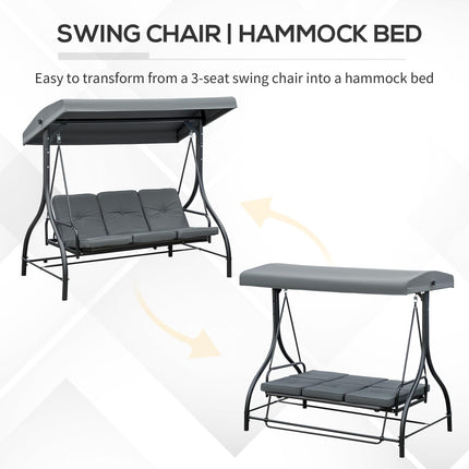 3 Seater 2-in-1 Garden Canopy Swing Chair with Adjustable Canopy and Metal Frame - Dark Grey