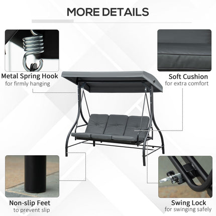 3 Seater 2-in-1 Garden Canopy Swing Chair with Adjustable Canopy and Metal Frame - Dark Grey