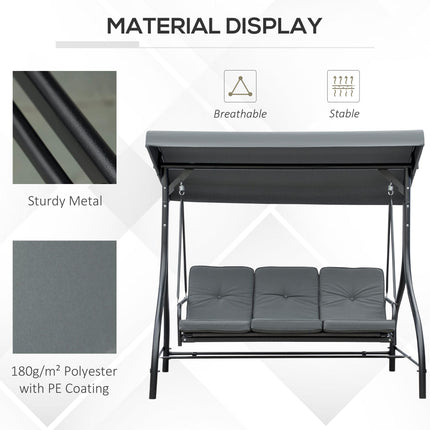 3 Seater 2-in-1 Garden Canopy Swing Chair with Adjustable Canopy and Metal Frame - Dark Grey