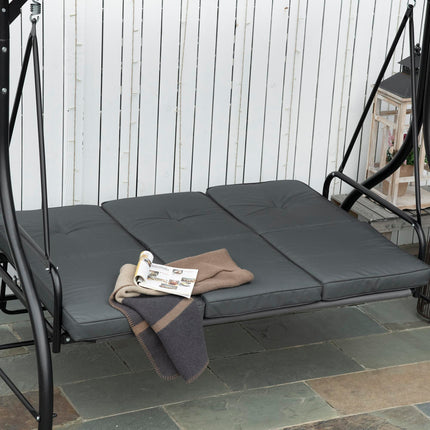3 Seater 2-in-1 Garden Canopy Swing Chair with Adjustable Canopy and Metal Frame - Dark Grey