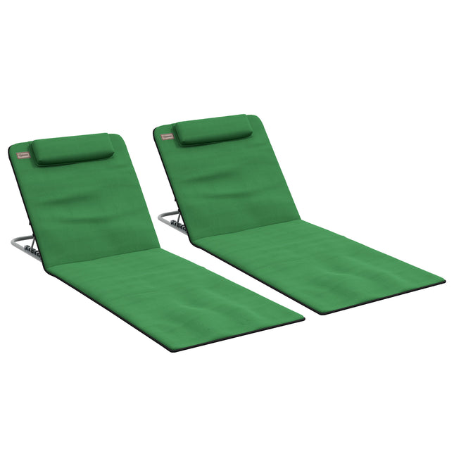 2-Piece Outdoor Metal Frame Reclining Beach Chair Set with Pillow - Green