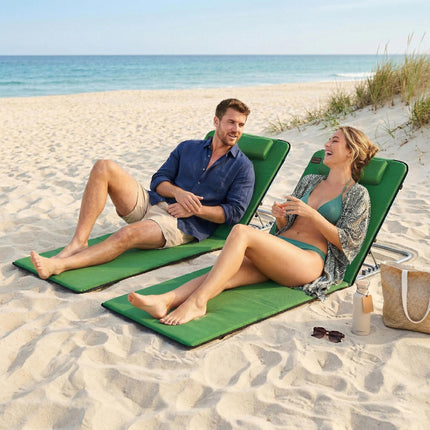 2-Piece Outdoor Metal Frame Reclining Beach Chair Set with Pillow - Green