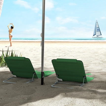 2-Piece Outdoor Metal Frame Reclining Beach Chair Set with Pillow - Green