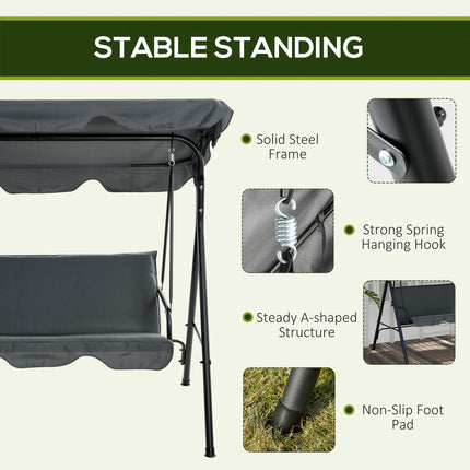 3-Seat Garden Swing Chair with Adjustable Canopy for Patio - Grey