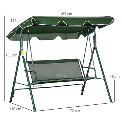 3 Seater Garden Swing Chair with Adjustable Canopy and Steel Frame - Green