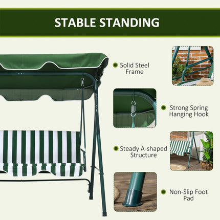 3 Seater Garden Swing Chair with Adjustable Canopy and Steel Frame - Green