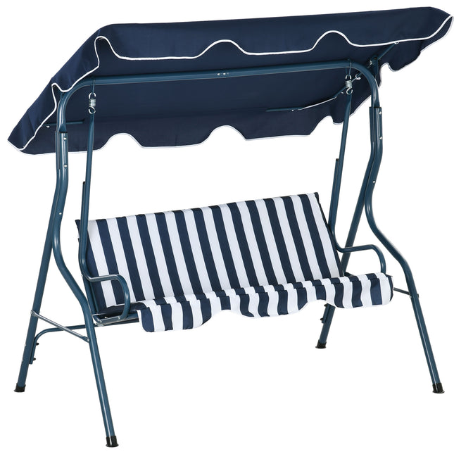 3 Seater Garden Swing Seat Chair with Adjustable Canopy and Metal Frame - Blue Stripes