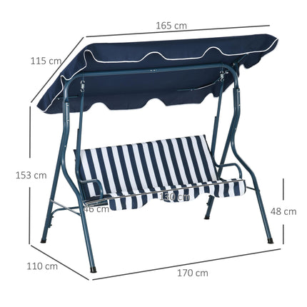 3 Seater Garden Swing Seat Chair with Adjustable Canopy and Metal Frame - Blue Stripes