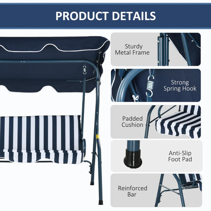 3 Seater Garden Swing Seat Chair with Adjustable Canopy and Metal Frame - Blue Stripes