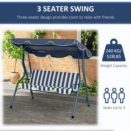 3 Seater Garden Swing Seat Chair with Adjustable Canopy and Metal Frame - Blue Stripes