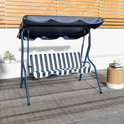 3 Seater Garden Swing Seat Chair with Adjustable Canopy and Metal Frame - Blue Stripes