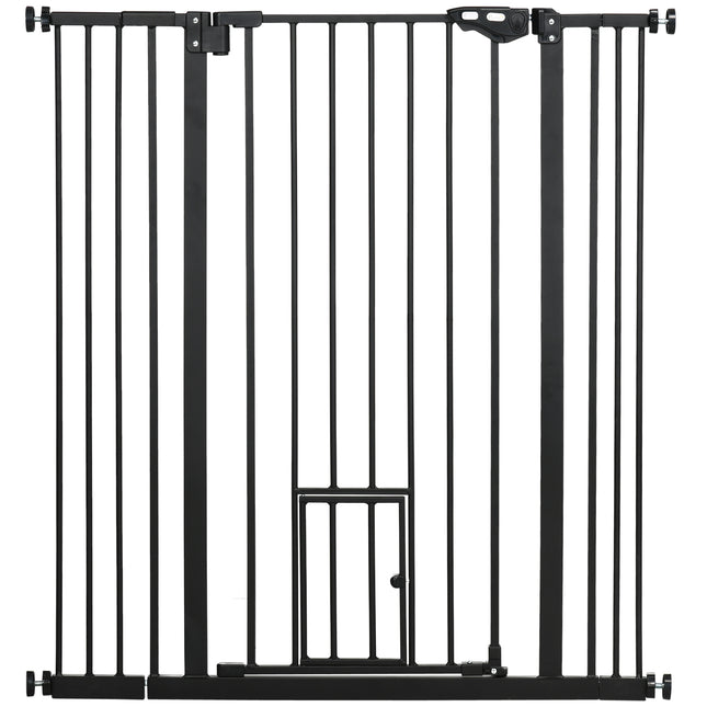 Extra Tall Indoor Pet Gate with Cat Flap and Auto Close, Adjustable 74-101cm Wide - Black