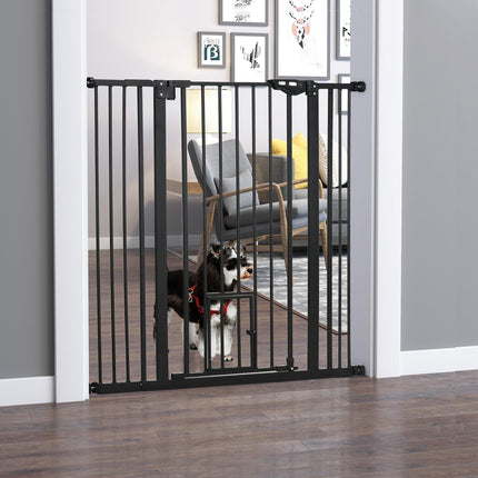 Extra Tall Indoor Pet Gate with Cat Flap and Auto Close, Adjustable 74-101cm Wide - Black