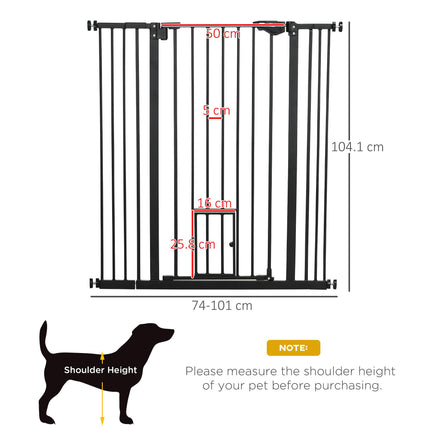 Extra Tall Indoor Pet Gate with Cat Flap and Auto Close, Adjustable 74-101cm Wide - Black