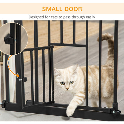Extra Tall Indoor Pet Gate with Cat Flap and Auto Close, Adjustable 74-101cm Wide - Black