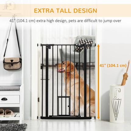 Extra Tall Indoor Pet Gate with Cat Flap and Auto Close, Adjustable 74-101cm Wide - Black
