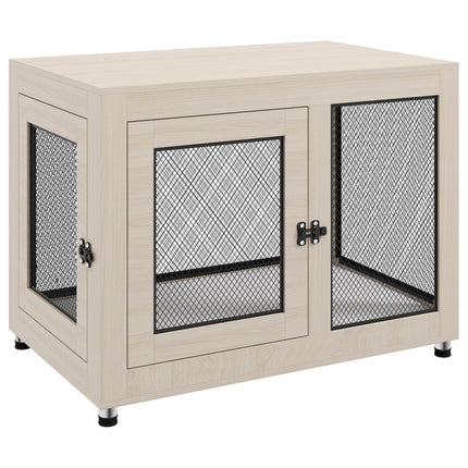 2-in-1 Large Dog Cage and Side Table with Two Doors and Cushion - Oak Tone & Black