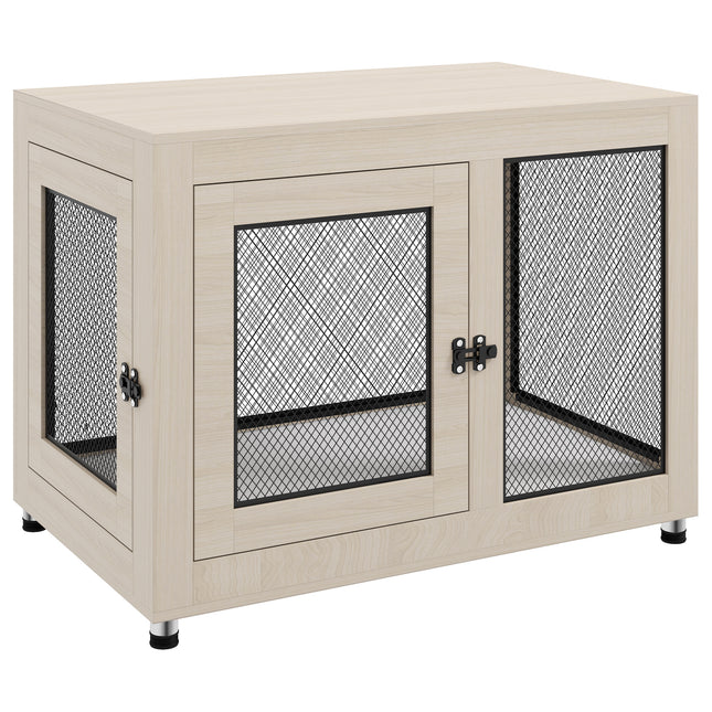 2-in-1 Large Dog Cage and Side Table with Two Doors and Cushion - Oak Tone & Black