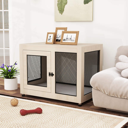 2-in-1 Large Dog Cage and Side Table with Two Doors and Cushion - Oak Tone & Black