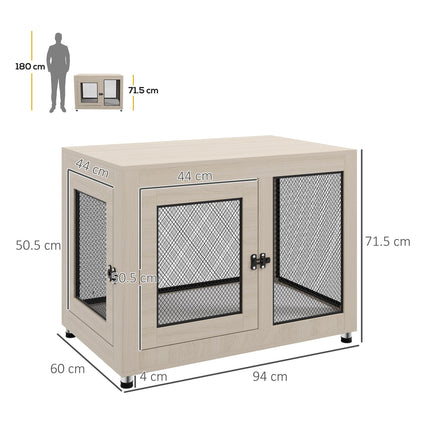 2-in-1 Large Dog Cage and Side Table with Two Doors and Cushion - Oak Tone & Black