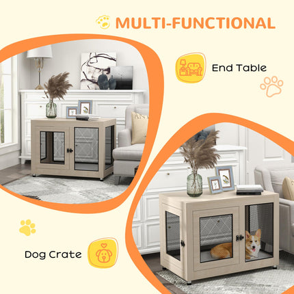 2-in-1 Large Dog Cage and Side Table with Two Doors and Cushion - Oak Tone & Black