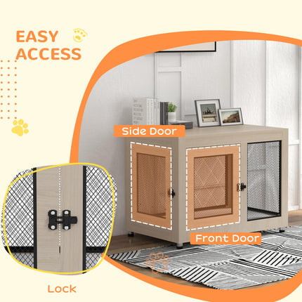 2-in-1 Large Dog Cage and Side Table with Two Doors and Cushion - Oak Tone & Black