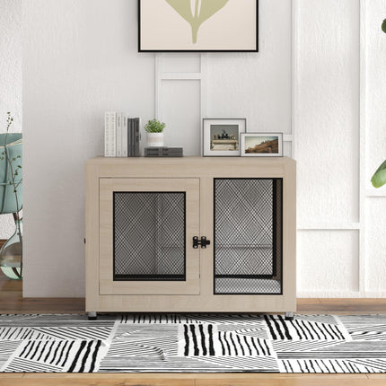 2-in-1 Large Dog Cage and Side Table with Two Doors and Cushion - Oak Tone & Black