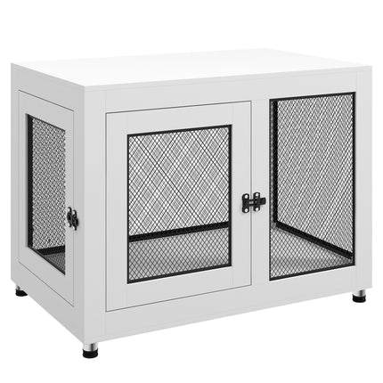 2-in-1 Large Dog Cage & Side Table with Two Doors and Cushion - White & Black