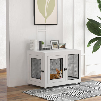 2-in-1 Large Dog Cage & Side Table with Two Doors and Cushion - White & Black