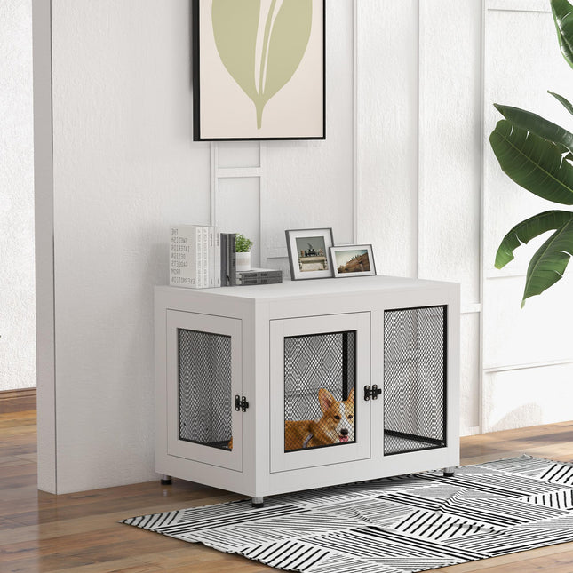 2-in-1 Large Dog Cage & Side Table with Two Doors and Cushion - White & Black
