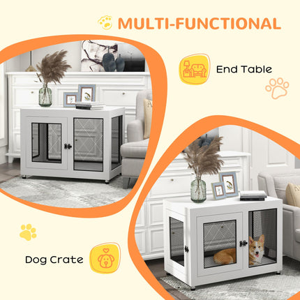 2-in-1 Large Dog Cage & Side Table with Two Doors and Cushion - White & Black